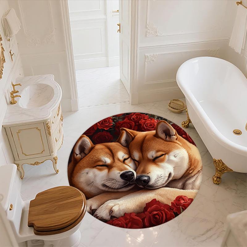 Shiba Inu and rose pattern round rug,Carpet Rug for Living Room Bedroom  Playroom ,Non-slip Floor Mat,Holiday Gifts and Birthday Gifts.