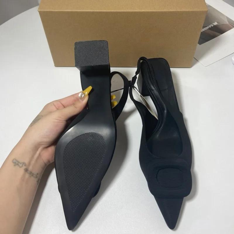 Chunky High Heels Sandals for Ladies Black Modern Office Slingback  Summer Footwear Classic Buckle Elegant Party Shoes Woman
