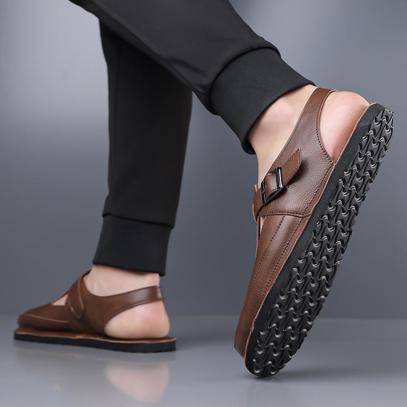 Men Flats Summer Roman Sandals Retro Brown Leather Closed Toe Beach Shoes Large Size