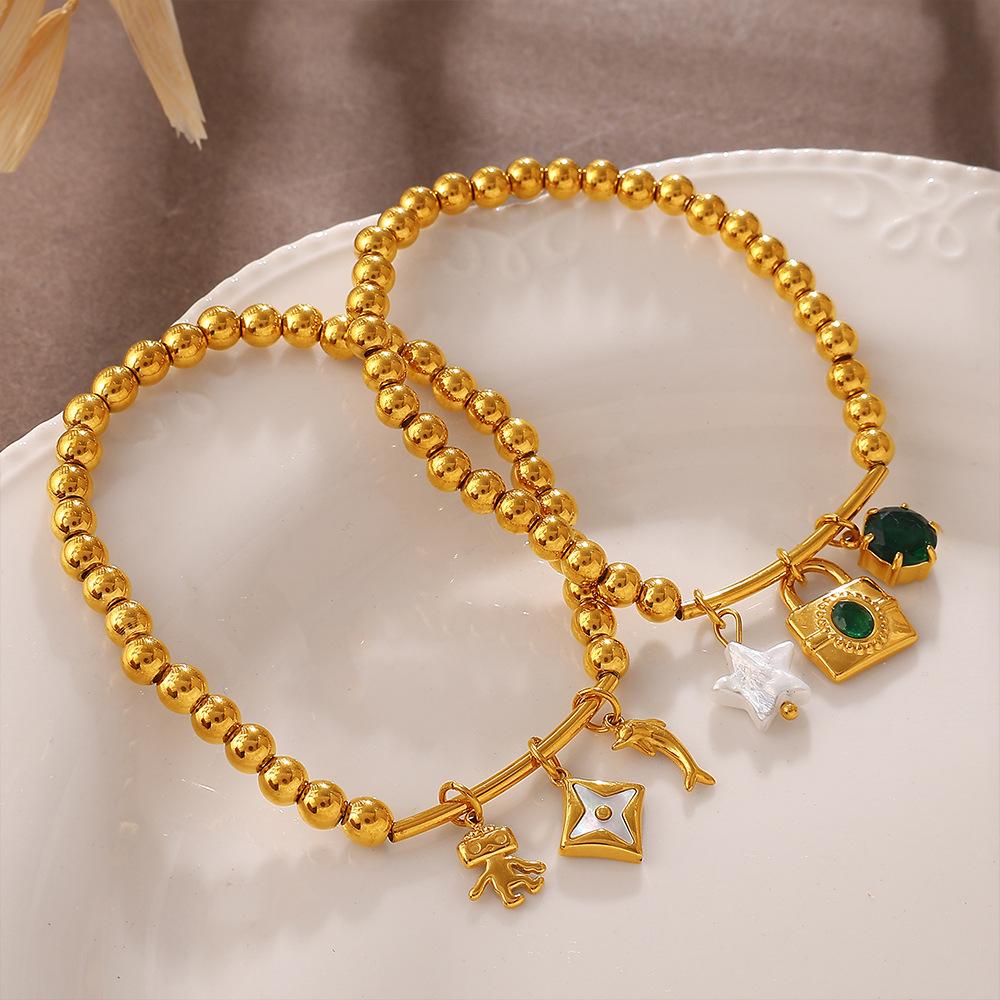Sweet Wind DIY Ceramic Pearl Pendant Gold Bead Bracelet Stainless Steel Gold Plated Jewelry