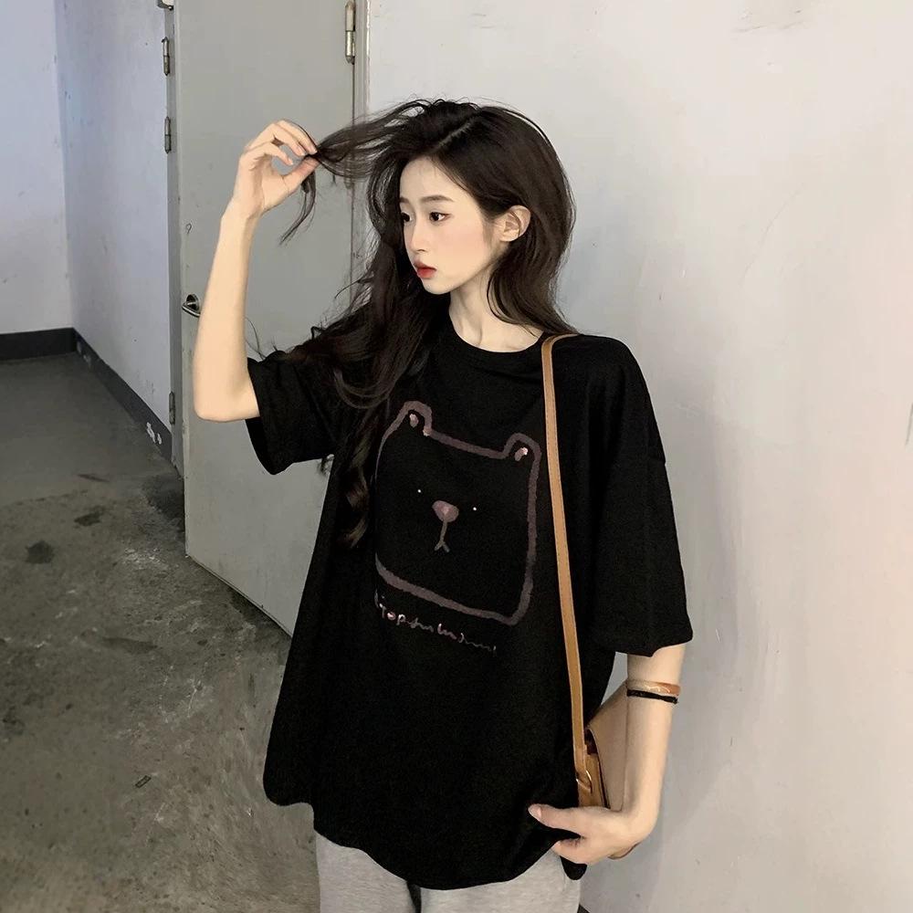Large size fat MM lazy Hong Kong style bear print short-sleeved T-shirt women's pure cotton loose medium and long front shoulder couple top