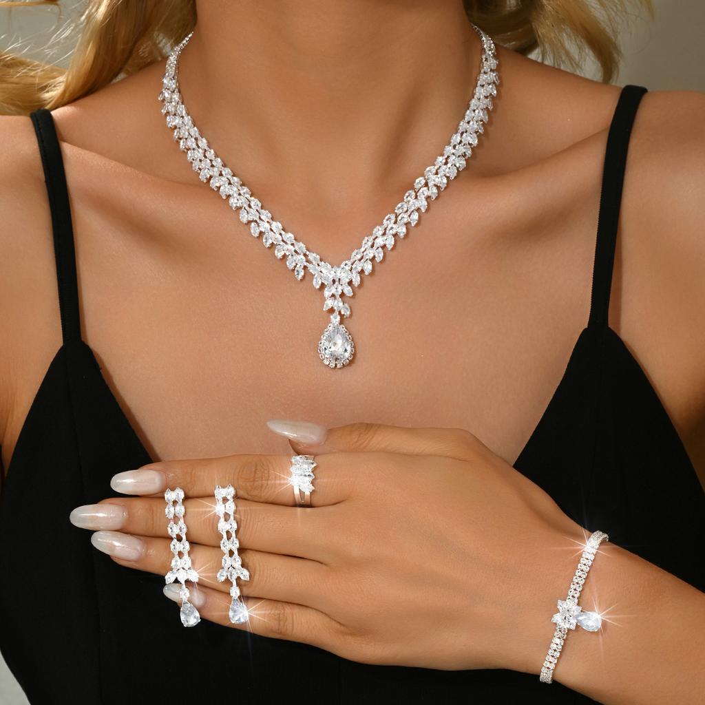 Ins Premium Simple and Versatile Daily Silver Necklace Earrings Bracelet Ring Full Diamond Four Piece Set
