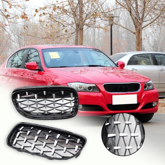 

2Pcs Kidney Grille Style Easy ABS Installation Professional Diamond Front Vehicle Grille 51137201969 51137201970