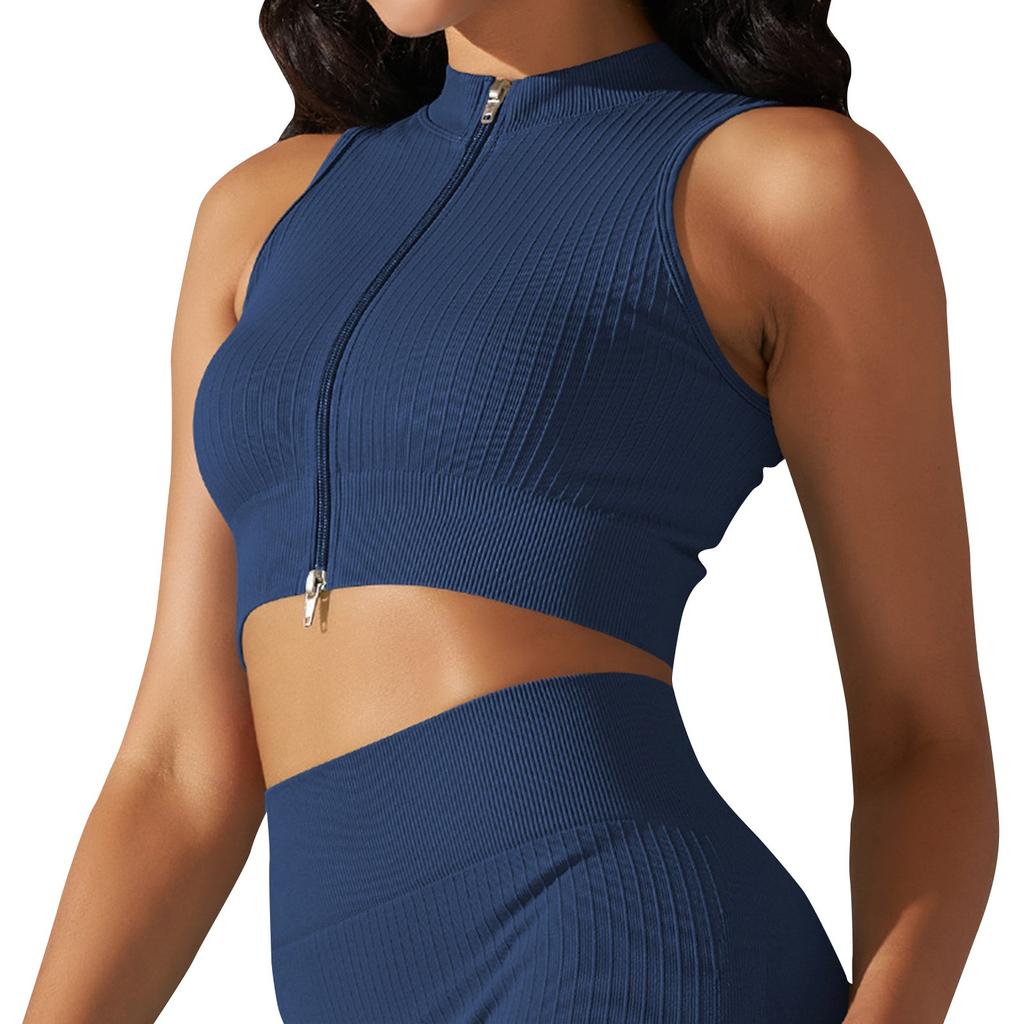 Women's Fashion Seamless Knit Tight Breathable Yoga Sexy Comfortable Casual Sports Running Fitness Top With Zipper