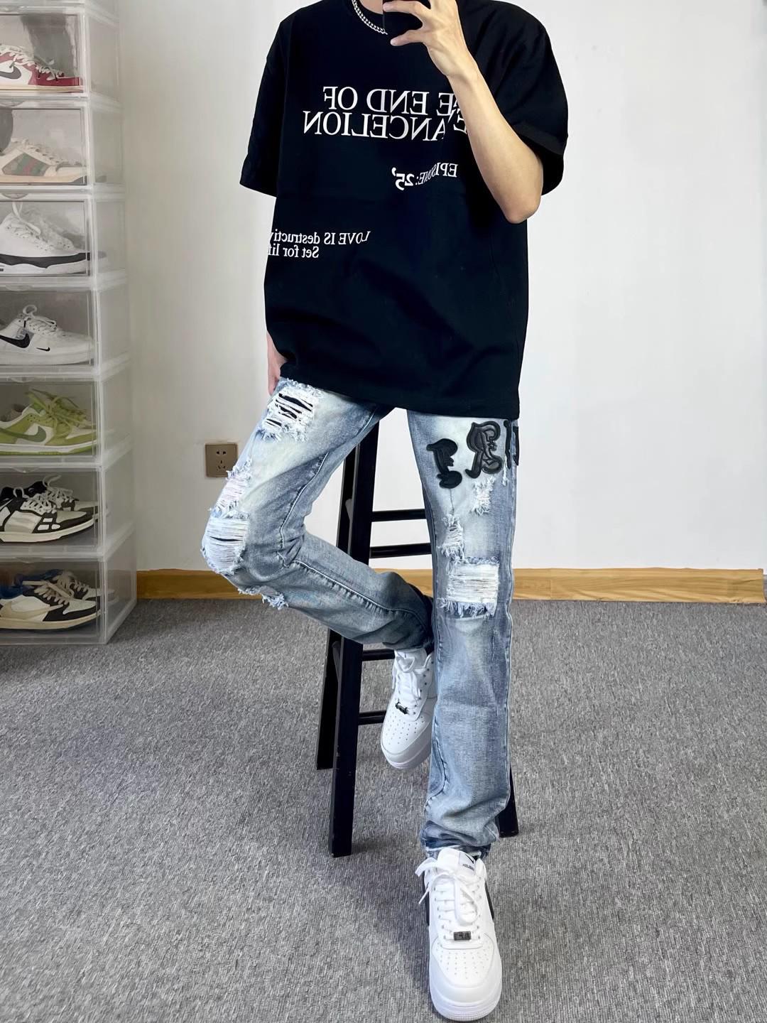 

Мужские узкие рваные джинсы в стиле знаменитостей — летняя уличная мода, европейская и американская мода 3XL [Recommended 80-90 kg]