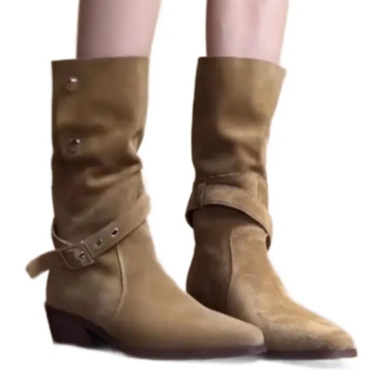 Pointed Toe Women Mid Heels Suede Mid Calf Boots Fashion Buckle Shoes 2025 Designer Elegant Short Boots New Dress Chunky Pumps