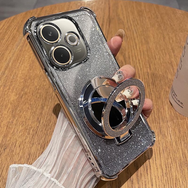 

For VIVO V60 Lite Plating Glitter Mirror Holder Silicone Four Corners Shockproof Case for VIVO V60Lite Magnetic Ring Stand Cover For VIVO V60 Lite