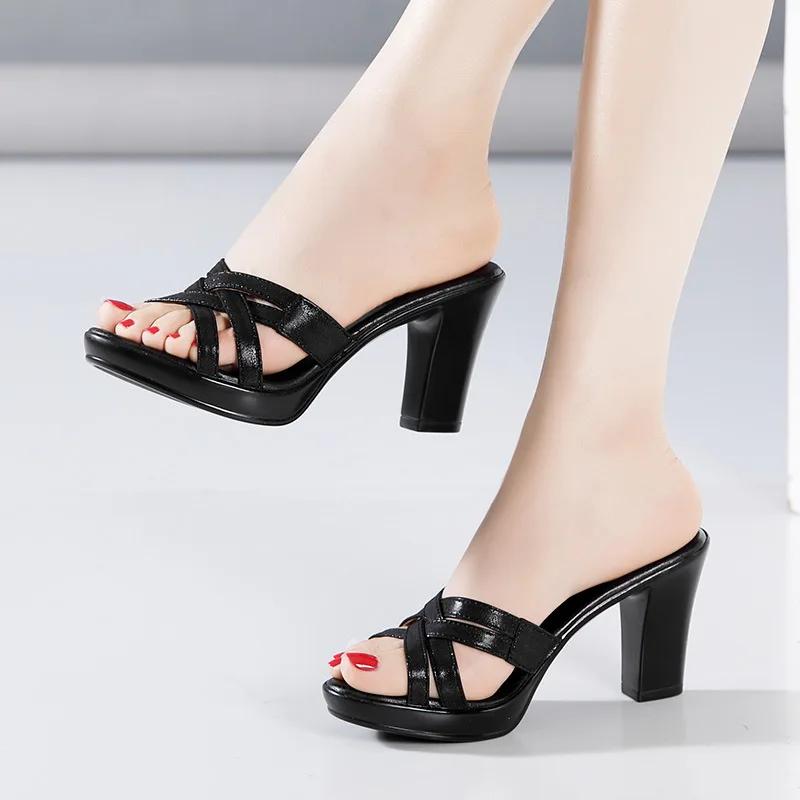 8cm 10cm Small Size 32-43 Elegant Soft Leather Slippers Platform Shoes 2025 Women's Block High Heels Slides Office Model Mom