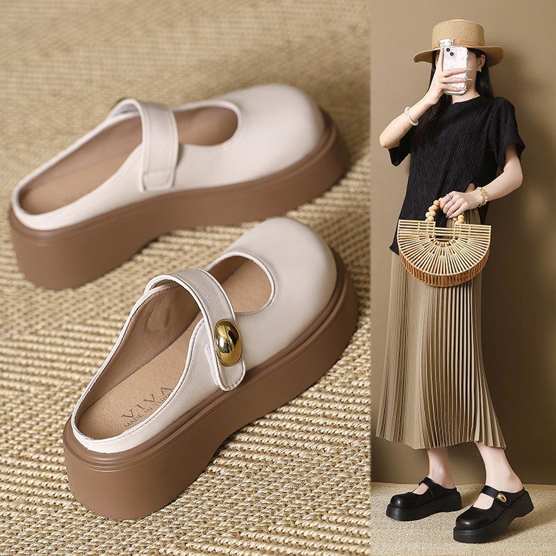 Thick-bottomed bag head half slippers women's outer wear 2025 new autumn French evening breeze Mary Jane half tray out cool slippers