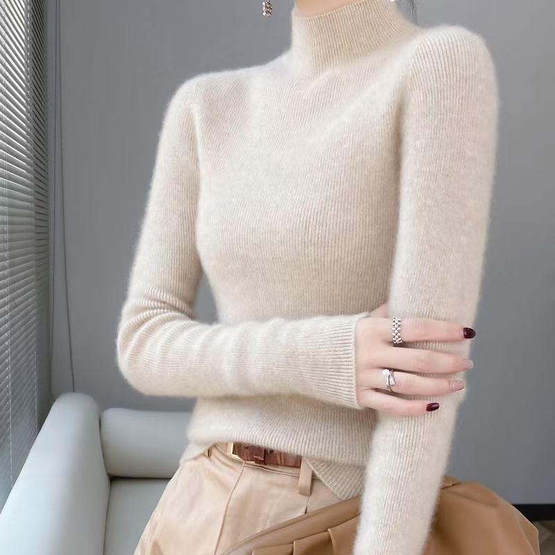 Women’s 2025 Autumn/Winter Pure Wool Sweater, Half-High Neck, Ribbed, Slim-Fit, Figure-Flattering with Cashmere Inner Layer