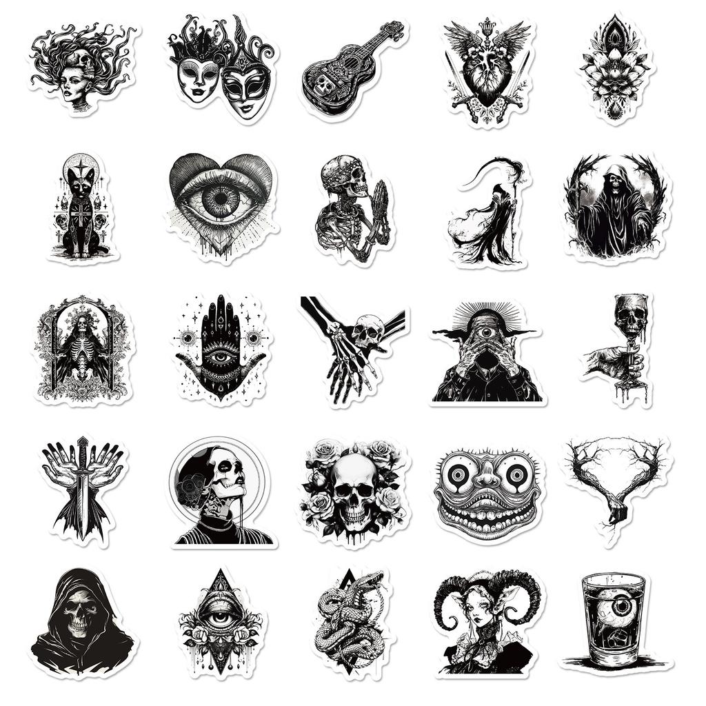 50 Black and White Personalized Gothic Stickers Skull Cool Fashion Horror Series Waterproof Stickers