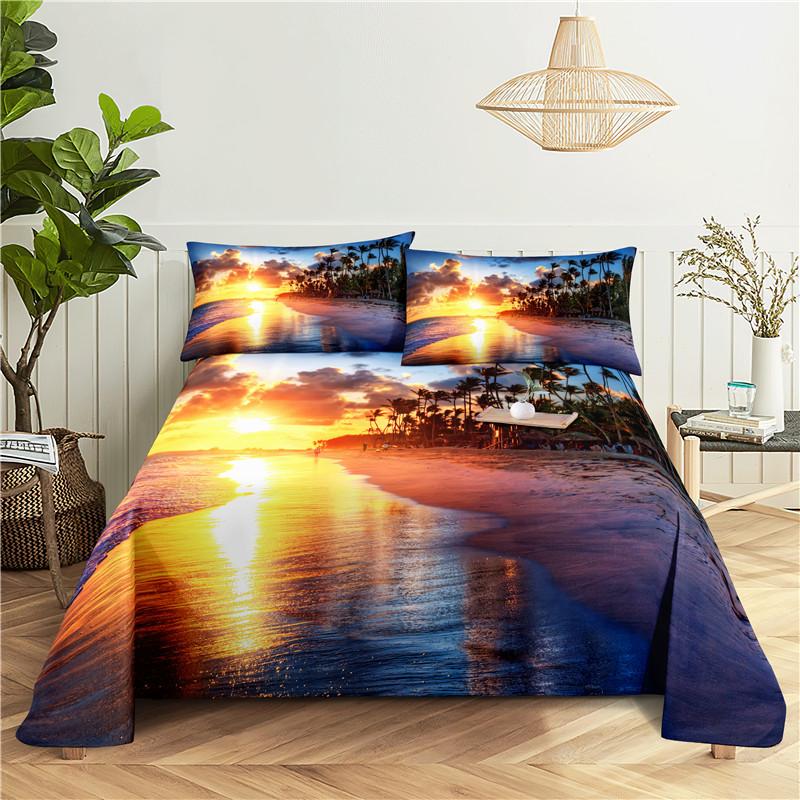 Seaside Scenery 0.9/1.2/1.5/1.8/2.0m Digital Printing Sturdy Polyester Bed Flat Sheet With Pillowcase Print Pattern Bed Ensemble