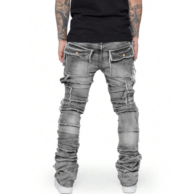 New Retro Cargo Jeans Men Stretchy Ripped Washed Y2k Pants Straight Leg Male's Patched Denim Trousers 2025 Spring Autumn
