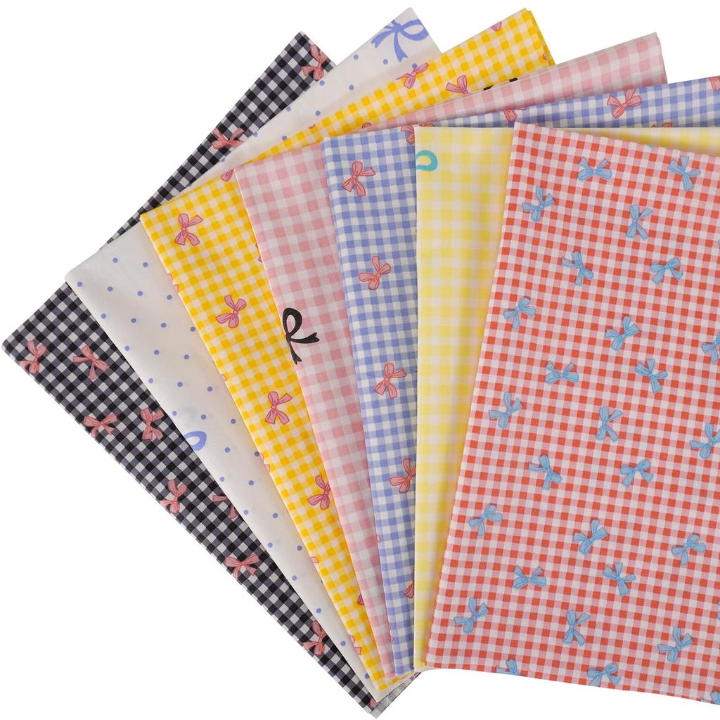 Set of 7 Checkered Bow Patchwork Cut Nordic Cotton 46x56cm Fabrics, Cloths, Scraps,