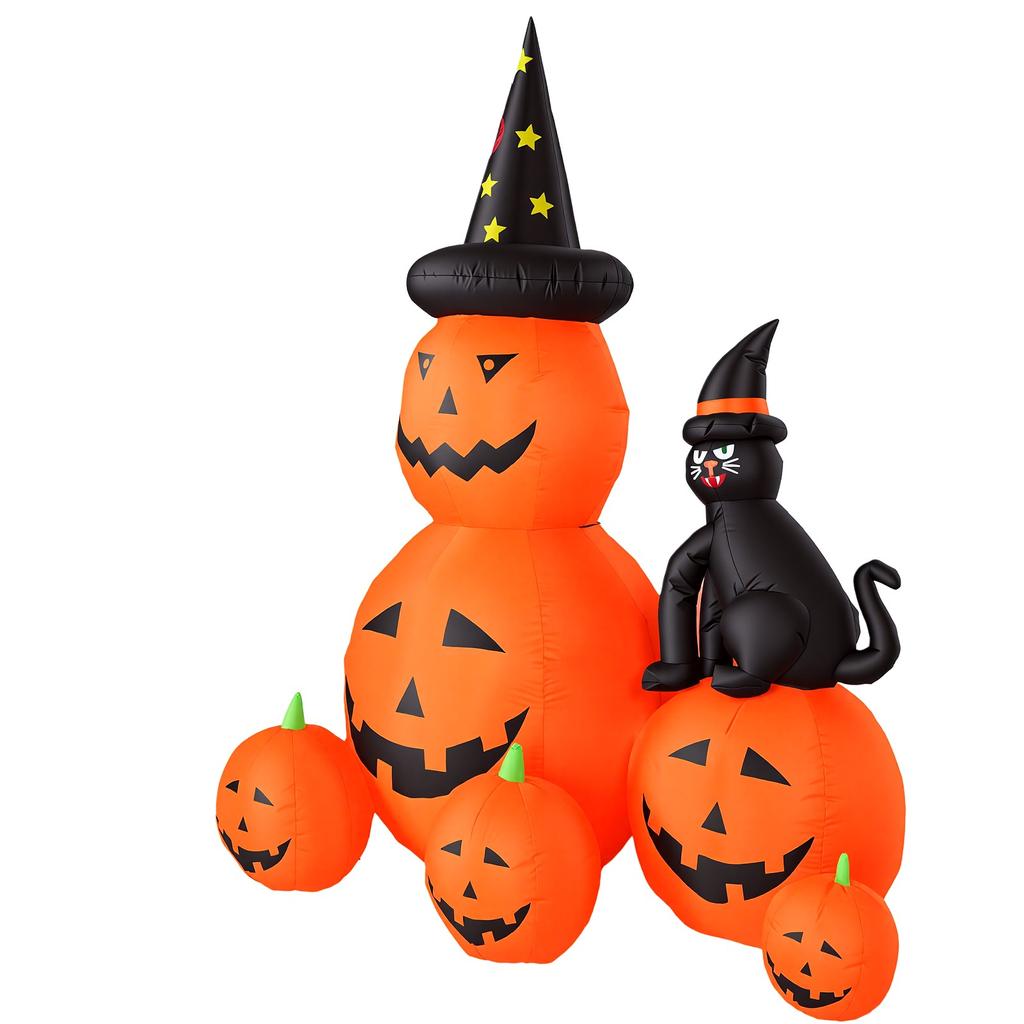 Inflatable Stacked Pumpkin with Witch Hat and Black Cat 5.9FT Holiday Blow Up Pumpkins Yard Decoration with Light for