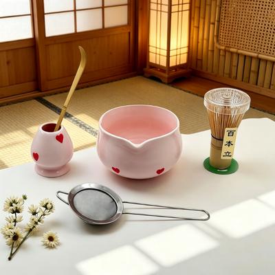 5/6pcs Pink Heart Decal Ceramic Matcha Set, Cute Matcha Set Includes Matcha Bowl, Matcha Whisk and Holder, Bamboo Scoop, Sifter