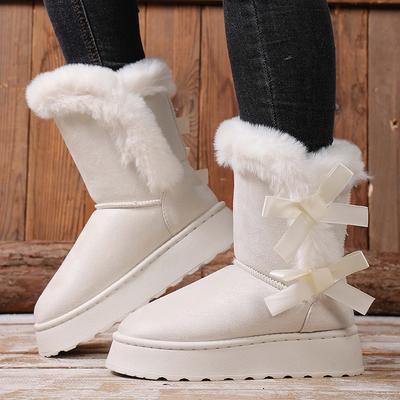 2025 New Thickened Plush Snow Boots Women Winter Fashion Bow Decor Platform Mid Calf Boots Woman Thick Sole White Cotton Shoes