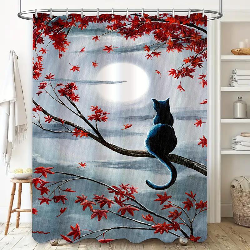 Whimsical Cat Moonlit Night Shower Curtain: Red Maple Leaves And Blue Sky Pattern Decor For Bathroom Home Decoration In Modern D