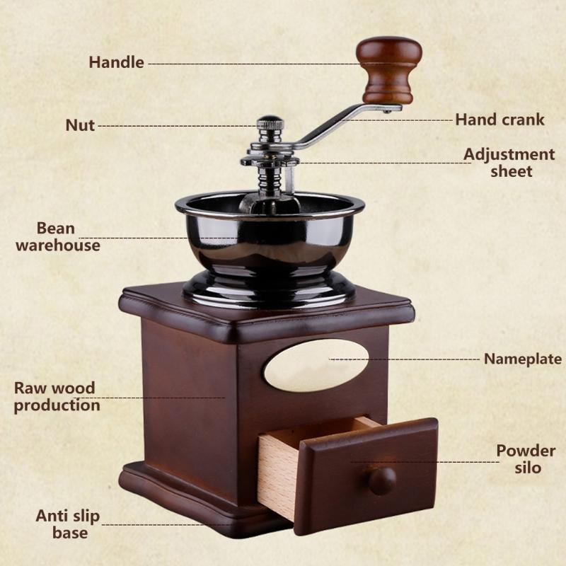 Wooden Hand Crank Coffee Grinder Space Saving Manual Miniature Espresso Maker with Cast Iron Burr Coffee Equipment