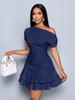 New Dress Summer Popular Women's Clothing Solid Color Slanted Shoulder Slim Ruffle Edge Dress