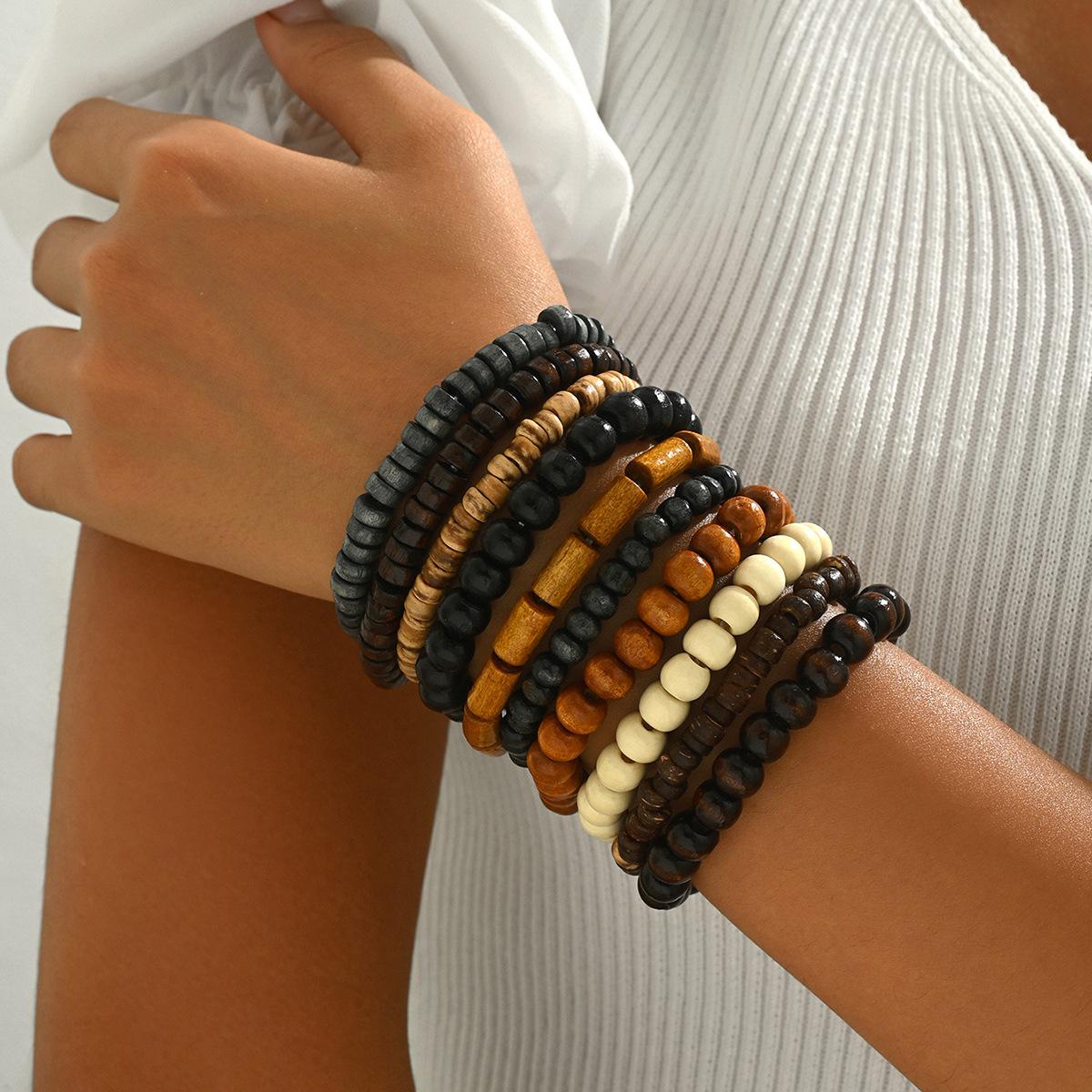 

Простой набор браслетов нового стиля, женский индивидуальный многослойный браслет из деревянных бусин, геометрический браслет.
