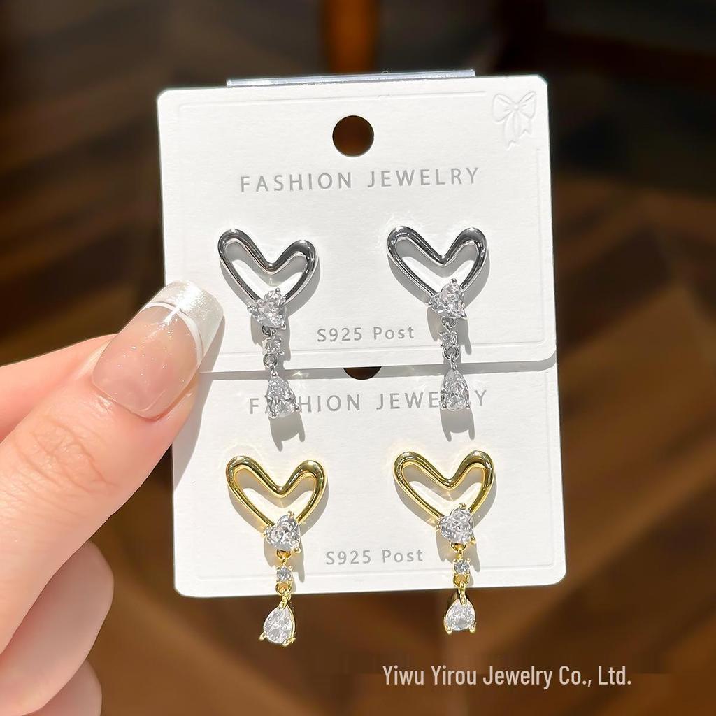 S925 Silver Love Heart Stud Earrings with Zircon - Trendy Niche Design for Women