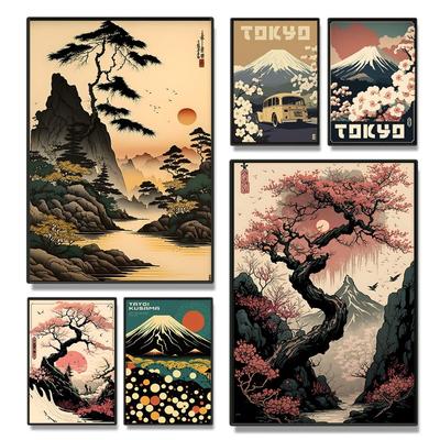 Póster de Paisaje de Templo Sakura Flor de Cerezo Japonesa Retro Pintura sobre Lienzo Arte de Pared Imagen Decoración de Habitación Moderna Hogar Cuadros