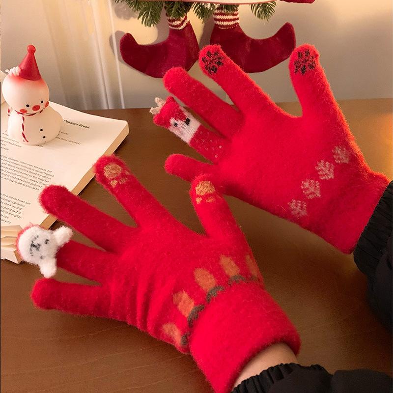 Cute Red Knitted Gloves for Women In Autumn and Winter with Velvet Fingers To Keep Warm for Students While Riding Windproof and Coldproof