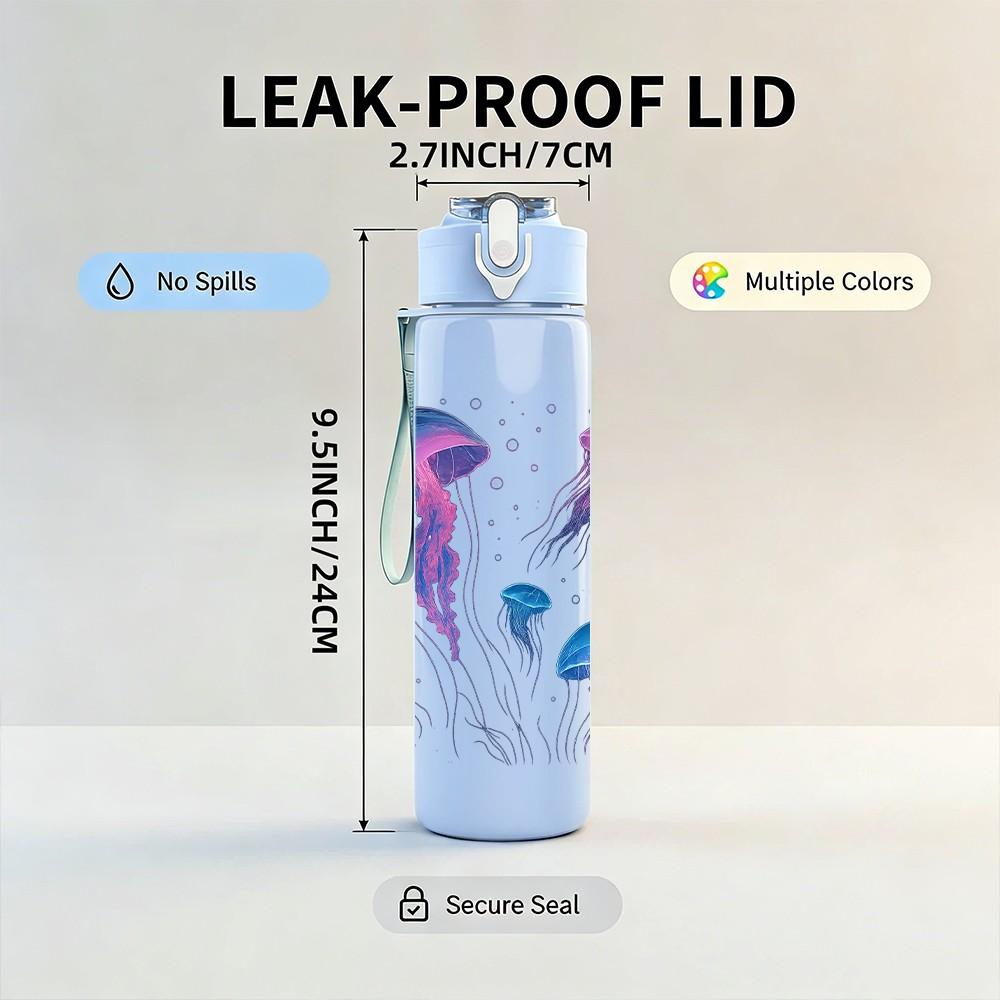 1PC Group Jellyfish Ocean Print 750ml Color Plastic Sports Water Bottle Leakproof Flip Straw Lid Suitable for Sports Office Home Use