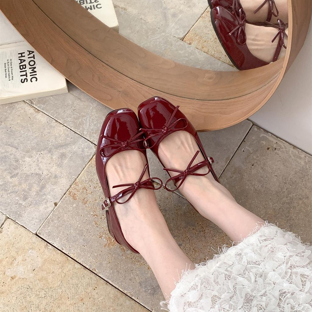Coarse Heel Version~ Temperament Bow Light Mouth Single Shoes Spring and Autumn Word with Square Head Mary Jane Shoes