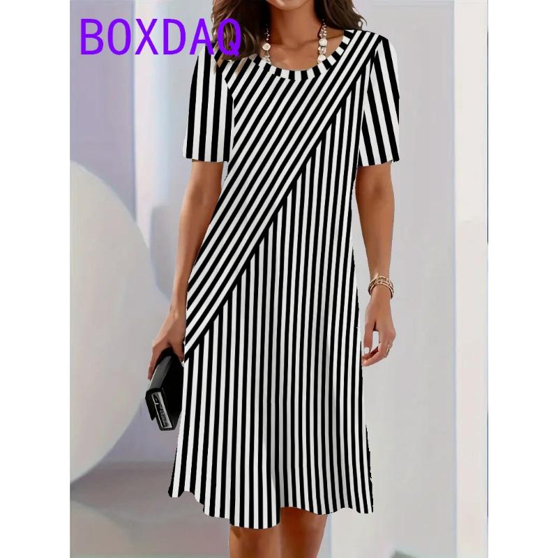 Classic Retro Striped Print Women Dresses Summer Casual Fashion Dress Short Sleeve O-Neck Loose A-Line Dress Women Sundress