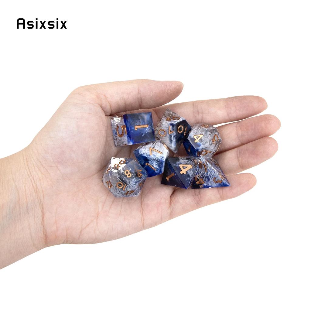 7 Pcs Blue Golden Number Sharp Edge Resin Dice Polyhedral Dice Suitable For Role-Playing Dice PropBoard Game
