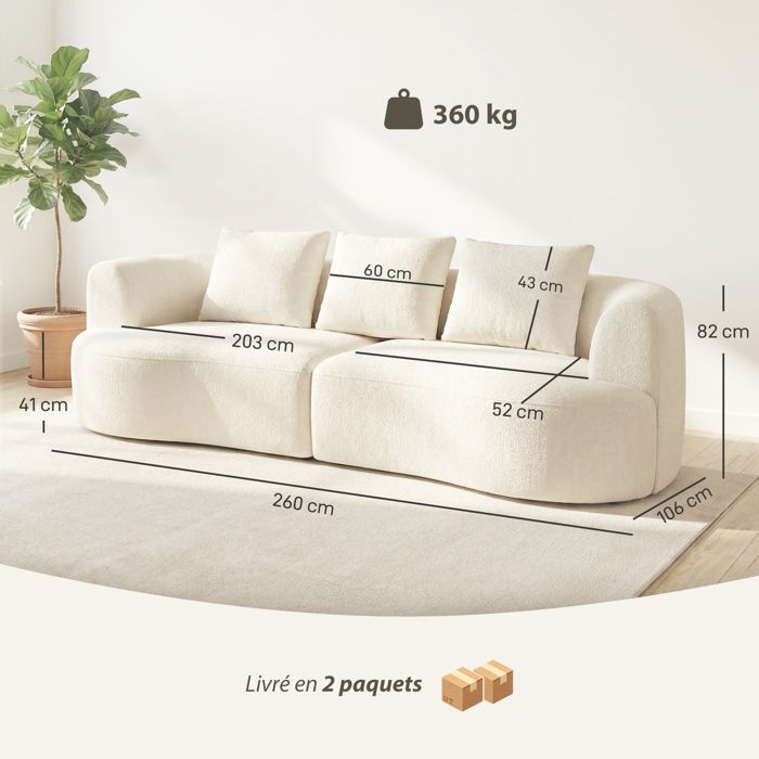 3-seater sofa - HOMCOM - wide seat, 3 cushions - fully compressed, no assembly - chenille fabric - 260cm - cream