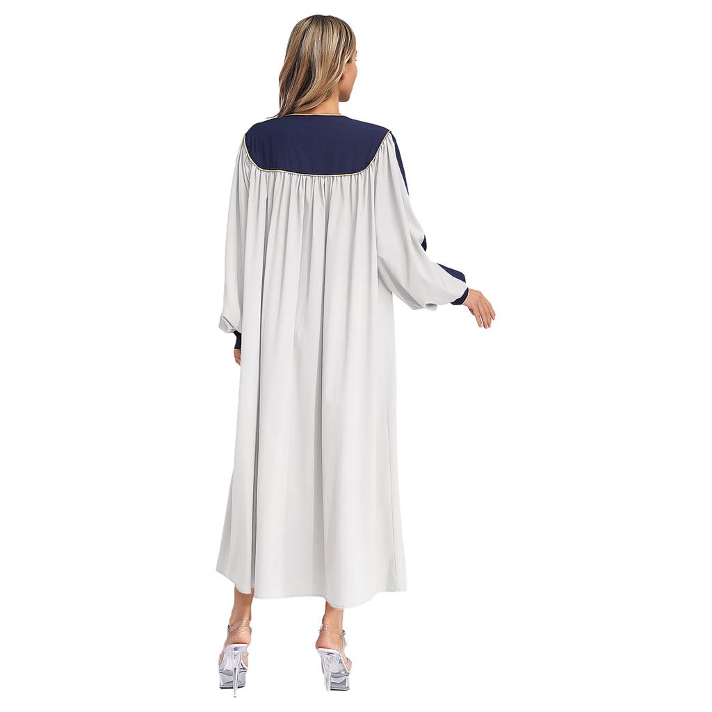 Womens Choir Performance Gown Color Block V Neck Puff Sleeves Split Front Zipper Design Flowy Stage Costume for Worship Events