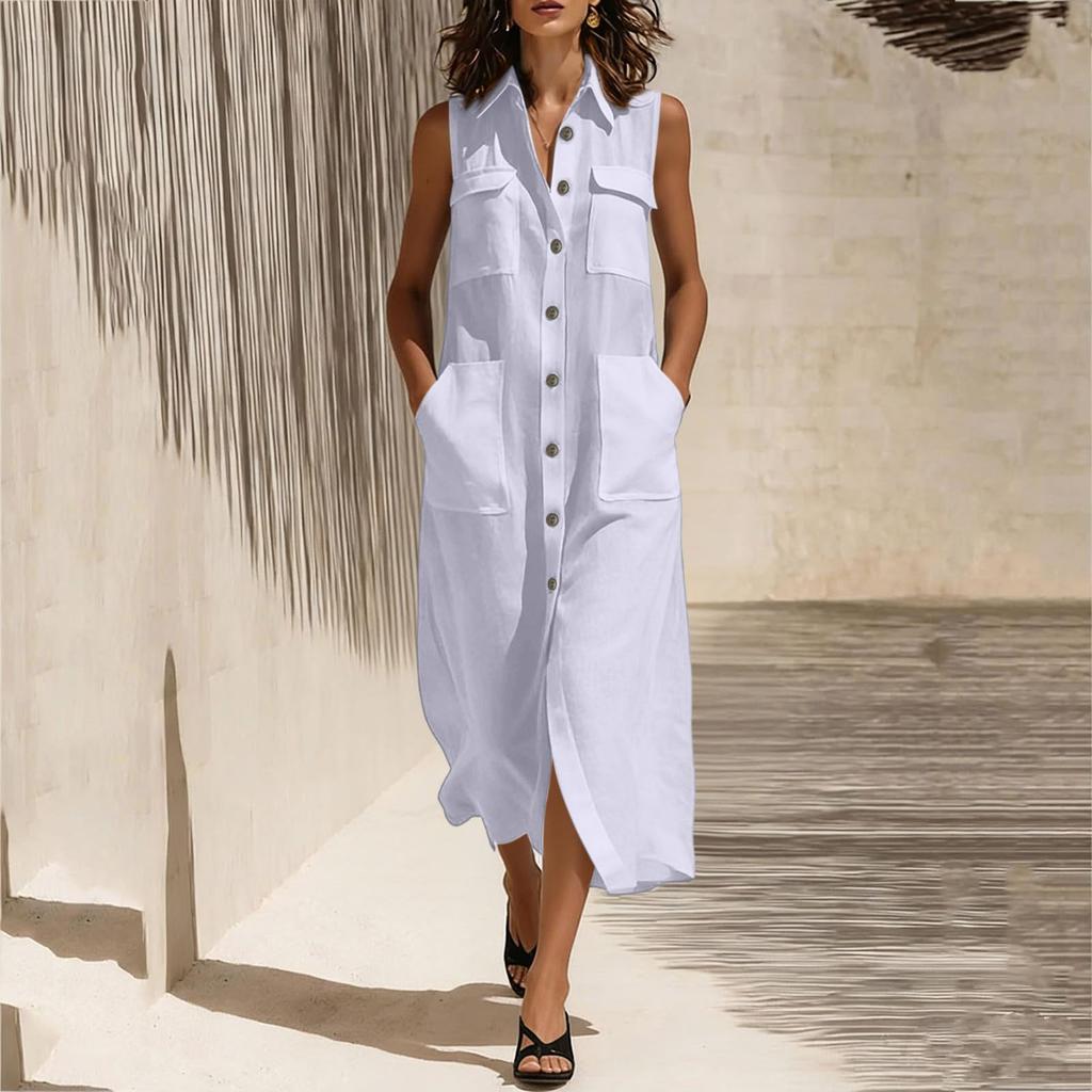 Ärmelloses Maxikleid mit Knopfleiste, Kragen und Taschen, lockere Passform, lässiges langes Kleid für Damen, Sommermode