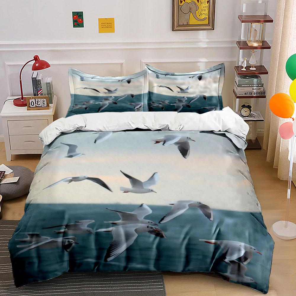 3Pcs Flying Seagulls Over the Ocean Bedding Set, Realistic Coastal Print Duvet Cover + 2 Pillowcases, Serene Decor