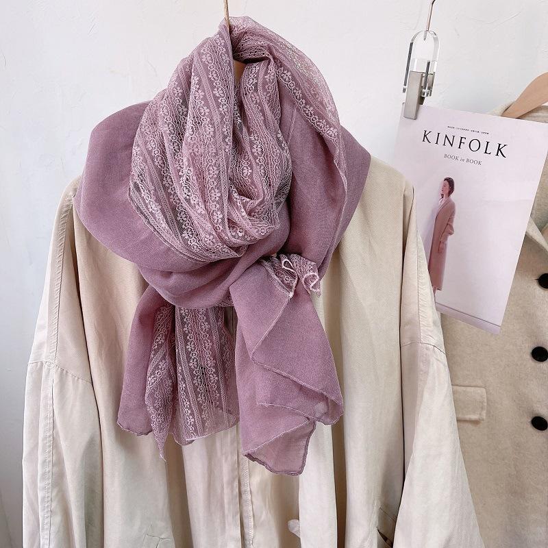 Eșarfă de Modă din Bumbac și In 180*90cm cu Garnitură de Dantelă, Eșarfă Șal pentru Patru Sezoane, Gaze de Plajă Lungă și Ușoară pentru Călătorie