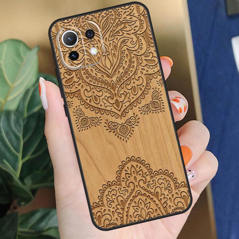 Mandala Floral Wood Case For Xiaomi 15 14 Ultra 13T 14T 15T Pro 17 Pro Max POCO F8 F7 F5 F6 X5 X6 X7 Pro Coque