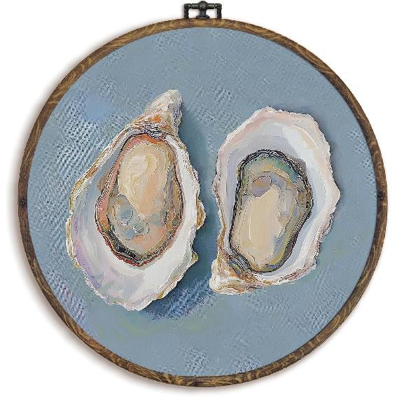 KFXHANGD Vintage Seashell Round Wall Art Framed, Coastal Shell Canvas Wall Art Decor, Coastal Sea Shells Hanging Decor for Bathroom Bedroom,
