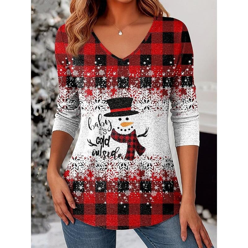 Christmas Women's T Shirt Graphic Vintage Stylish Classic Long Sleeve V Neck Regular Tops Daily Print