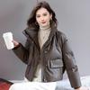 Women's Petite 2024 PU Leather Down Jacket - Short, Wash-free, Stand-up Collar, Thickened Winter Coat with 90% White Duck Down Fill