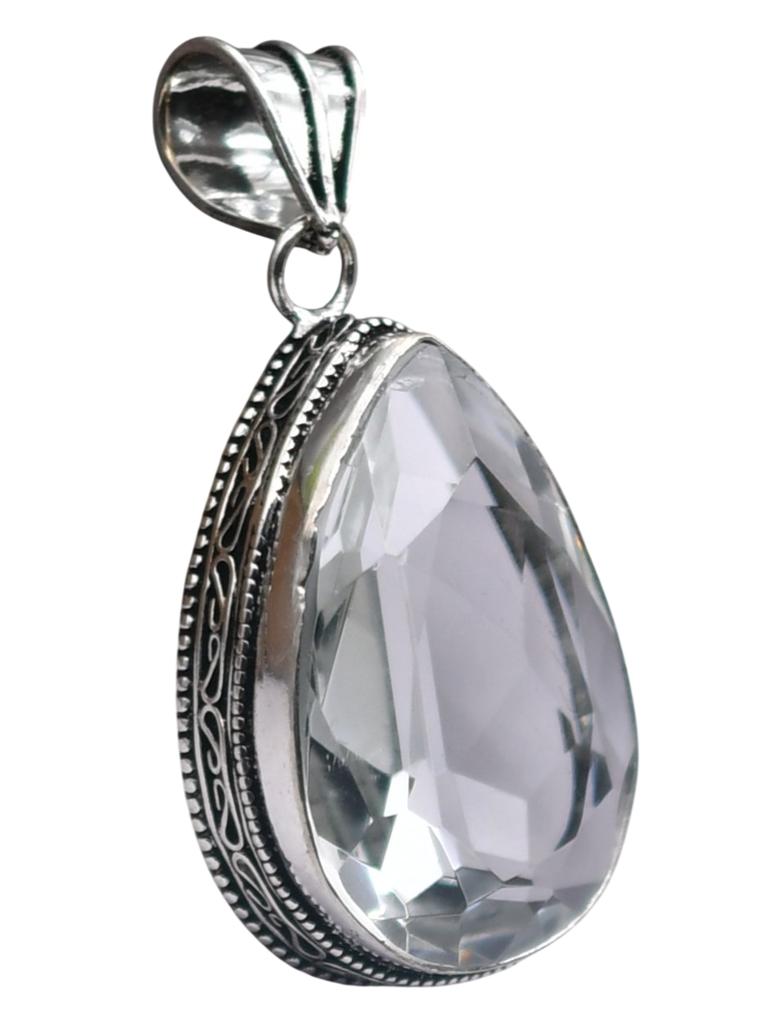 White Topaz Hydro Gemstone Antique Silver Plated Pendant 2" J 2069