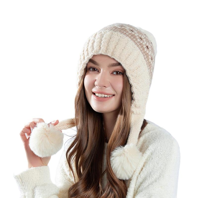 Women'S Knit Beanie With Pom Pom Oversized Winter Hats Slimming Face Fleece Lined Ear Flap Slouchy Cap For Women X097