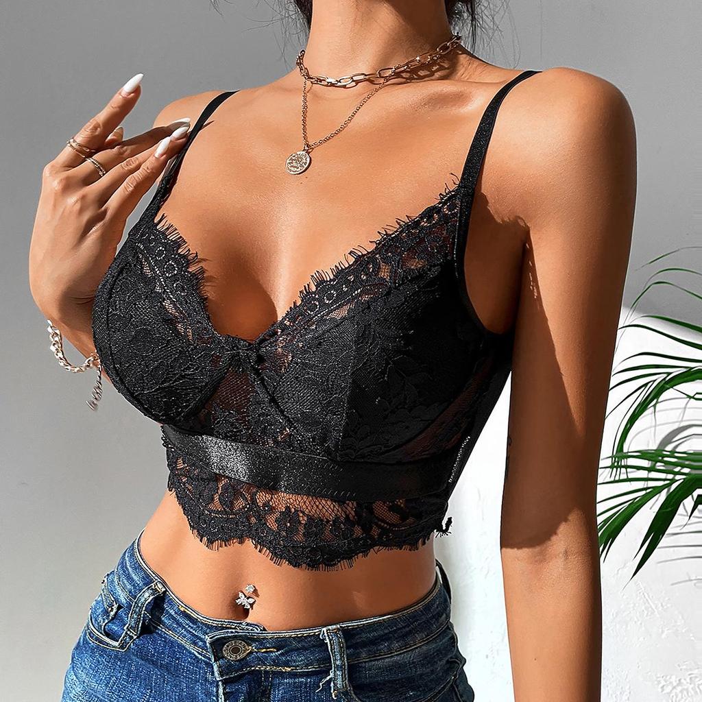 European & American Style Lace Patchwork Camisole for Women - Hot Girl Bare Back Mesh Eyelash 8834