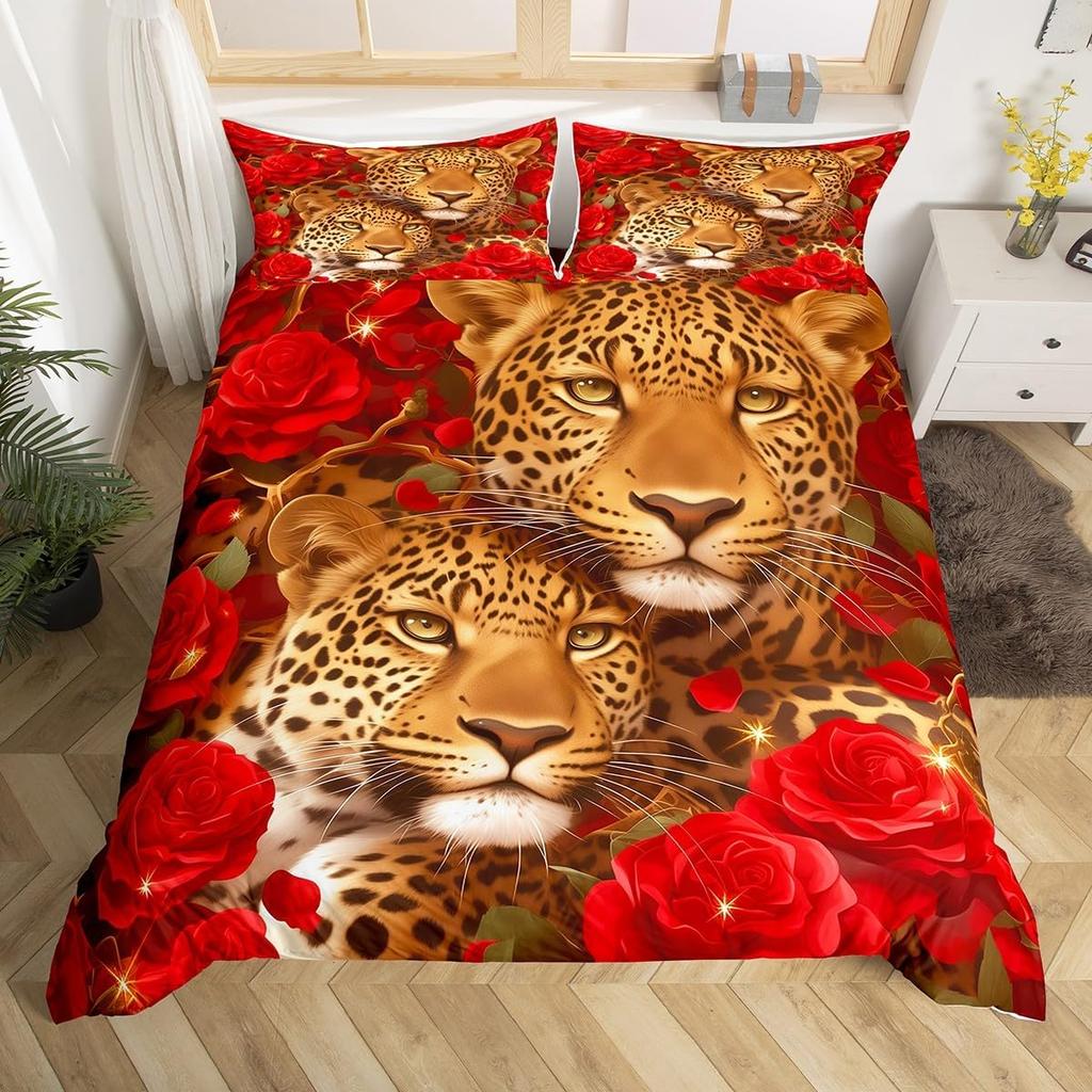 Leopard Bedding Set Wild Cheetah Comforter Cover Rose Romantic Floral Duvet Cover For Boys Girls Room Decor Twin Full Queen King