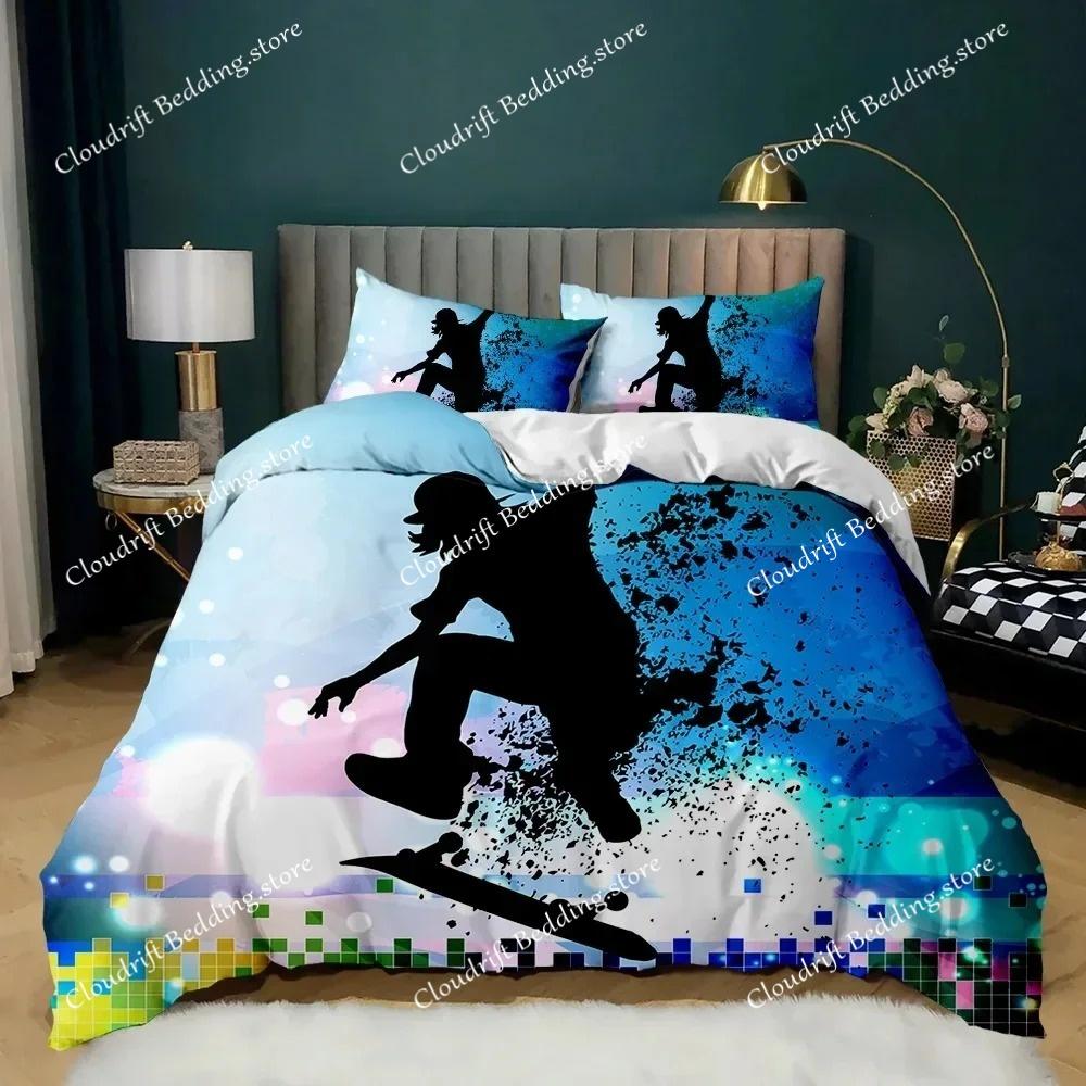 Skateboard Duvet Cover Set Hip Hop Style Bedding Set Colorful Rainbow Tie-Dye Hippie Abstract Graffiti Art Polyester Qulit Cover