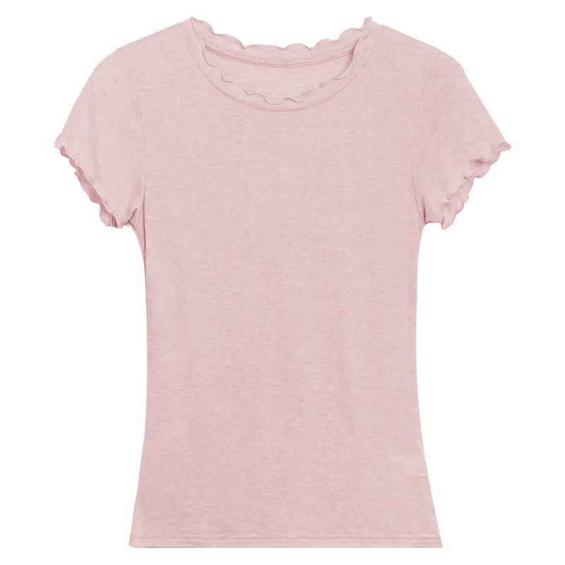 

Women s Ruffle Round Neck Lightweight Tencel Wool Short Sleeve T-Shirt Large