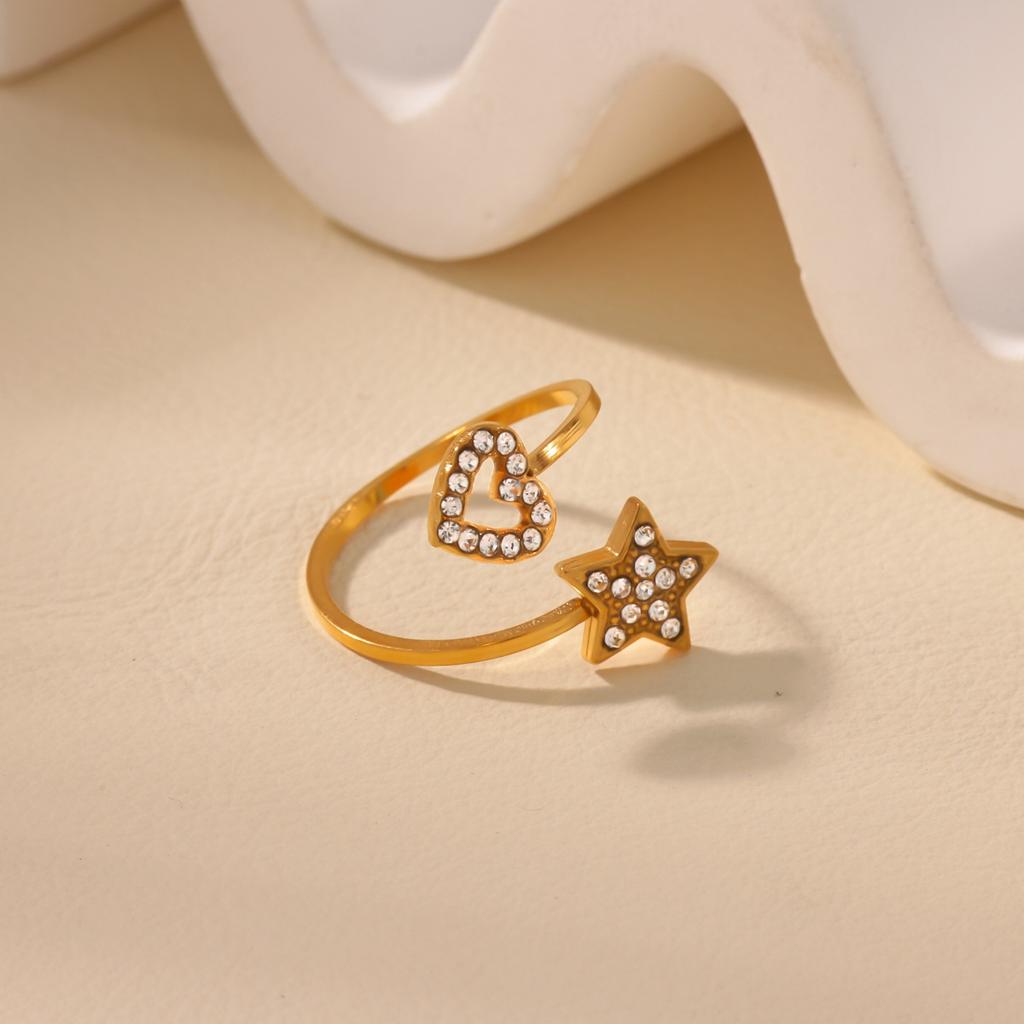 Zircon Star Heart Open Rings For Women Stainless Steel Gold Color Opening Adjustable Ring Wedding Engagement Christmas Jewelry