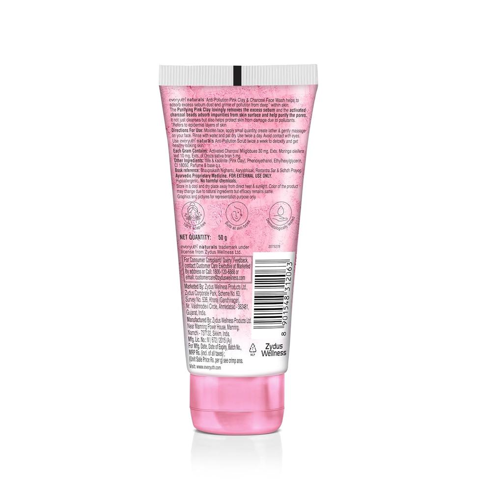 Everyuth Naturals Anti Pollution Pink Clay Charcoal Face Wash 50g For All Skin Types Oily Dry