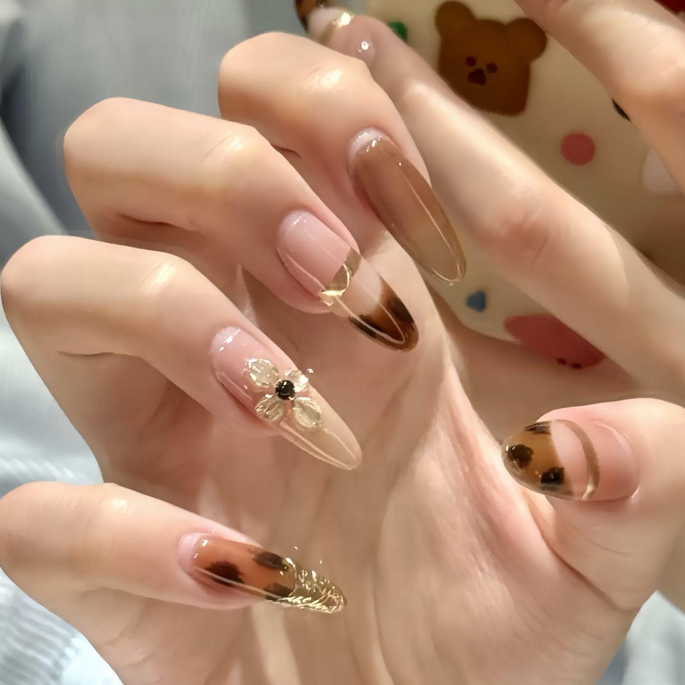 Wearable Leopard Print 3D Gold Foil Flower Nail Stickers - French Manicure Tips Bagged XS